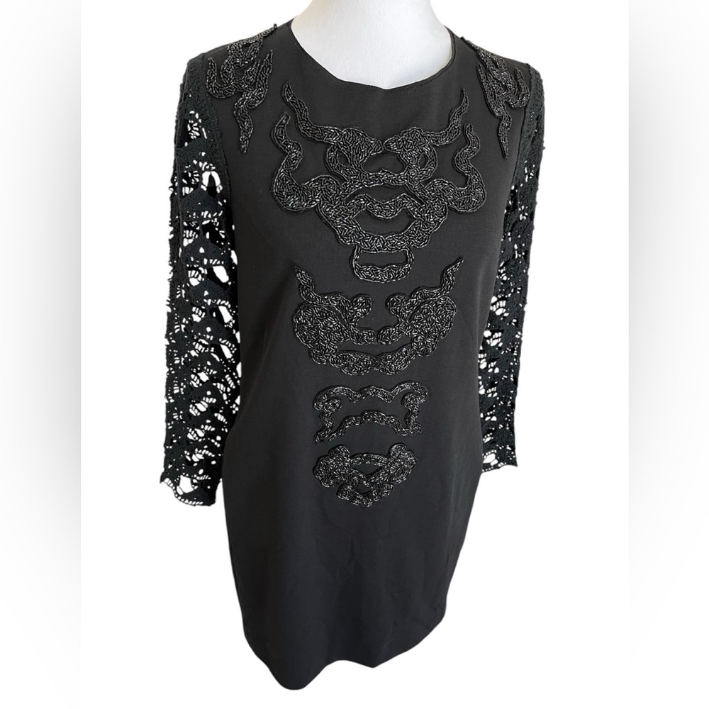 RARE Vivienne Tam Beaded Dragon Mini Dress Crochet Long Sleeve Black Small S